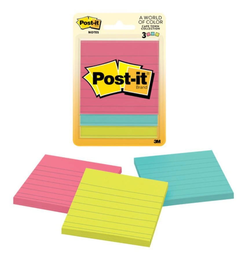 3M Post-it Notes Lined 76mm x 76mm (Cape Town colours) (3 pack)