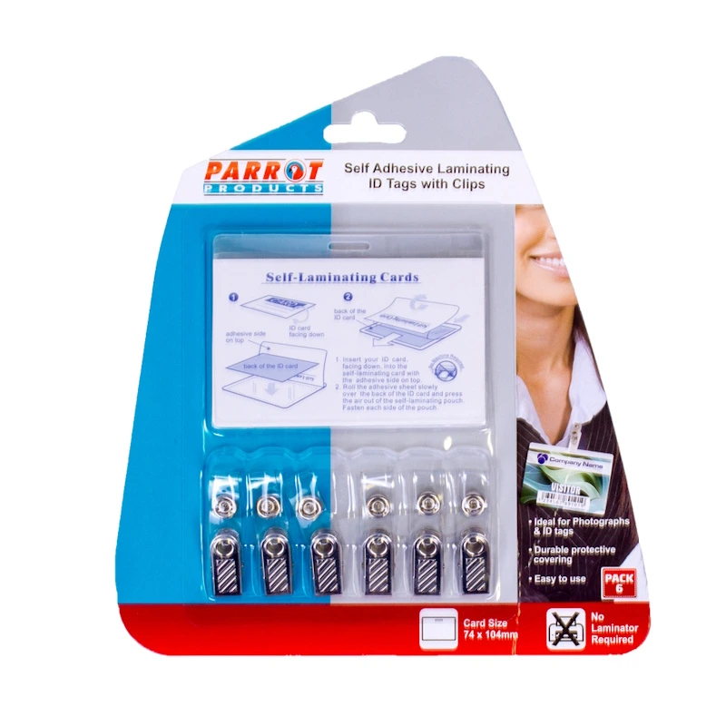 Parrot Self Adhesive Laminating ID Tags with Clips (6)