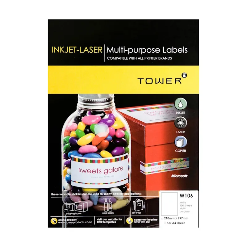 Tower Laser Labels 210mm x 297mm 1 Up W106 (100)
