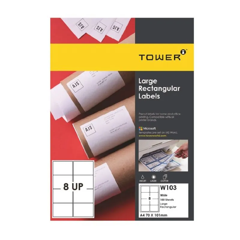 Tower Laser Labels 70mm x 101mm 8 Up W103 (100)