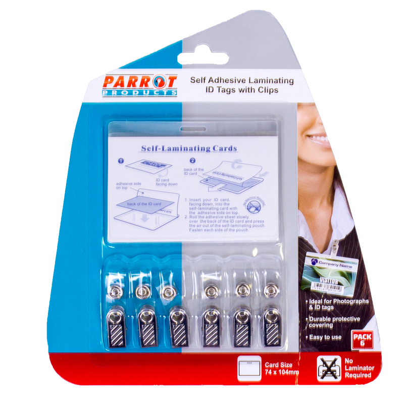 Parrot Self Adhesive Laminating ID Tags with Clips